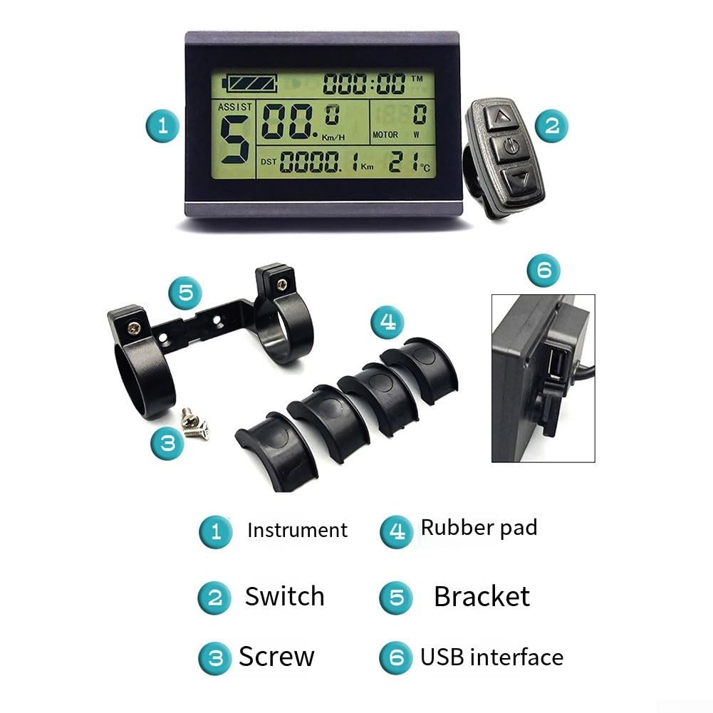 Bicicletta elettrica LCD Display Pannello Strumenti Per KT-LCD3 Compatibile 24V 36V 48V Include 5 Pin SM e Connettore USB per KT Controller