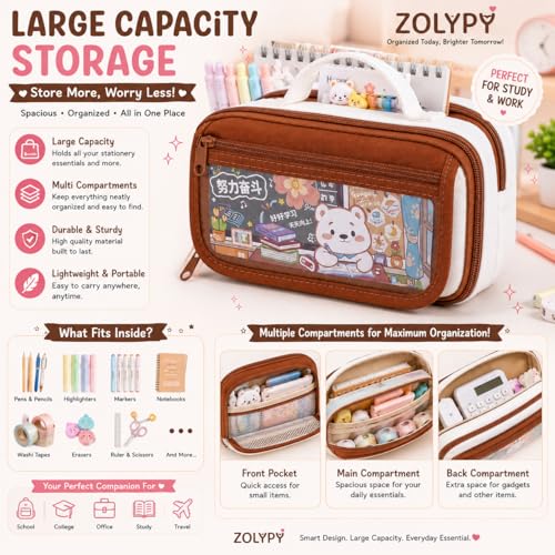 Image of Kawaii Cute Aesthetic Pencil Case for Girls & Boys | 3 Layer 6 Compartment Large Capacity Pencil Pouch with Zipper | Cartoon Stationery Organizer Bag for Students & Kids (Beige Brown)