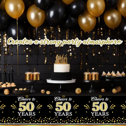 Image of Ganeen 3 Pack 50th Birthday Tablecloth, Black and Gold 50th Birthday Decorations Disposable Plastic Cheers to 50 Years Table Cover Rectangular Party Supplies for Men Women, 54 x 108 Inch