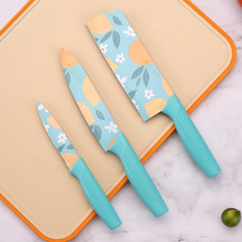 Image of 3-Piece Kitchen Knife Set, High Carbon Stainless Steel, Non-Slip Handle, with Blade Cover, for Professional Use (Color Coating)