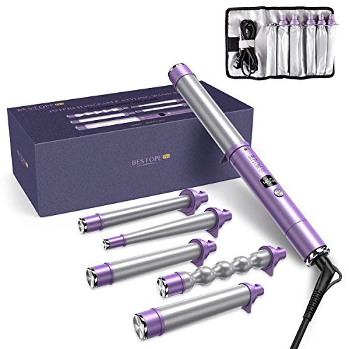 Curling Iron 5 in 1 BESTOPE Hair Curling Wand Set Hair Wand 0.5\'\' to 1.25\'\' Ceramic Barrels for Women Hair Styling with 6 Heat LCD & Detachable Power Cord, Include Glove, Hair Clips & Storage Bag