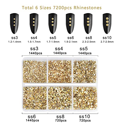 Image of Beadsland 7200pcs Flatback Rhinestones,Gold Rhinestone Nail Gems Round Crystal Rhinestones for Crafts,Mixed 6 Sizes with Wax Pencil Kit, SS3-SS10,Metal Sunlight | Glass Nail Gems, Round Crystal, With Wax Pencil Kit, SS3-SS10, Gold
