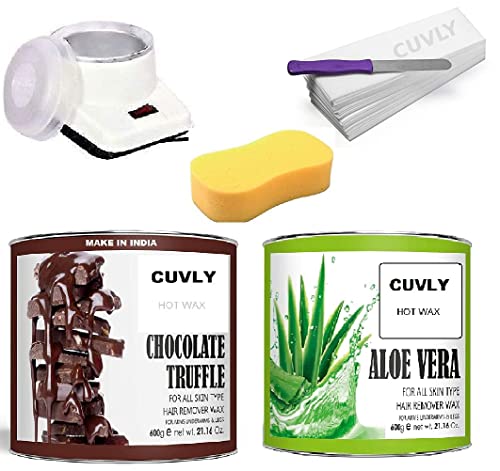 Image of Wax Kit Wax Heater Machine Waxing Kit Combo Wax Machine Chocolate Cream Wax (550 gm) Aloe Vera (550 gm) Strips (70pcs) Spatula(Kinfe),Sponge) | Hair Removal Waxkit (Waxing KIt)
