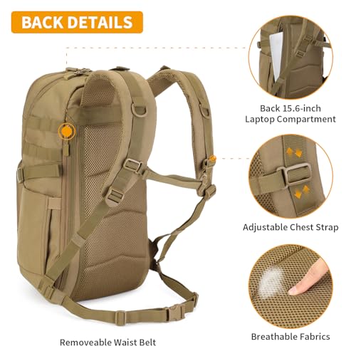 Image of HUNTVP Tactical Backpack for Men 35L Military Backpack MOLLE 1000D Army Daypack 3 Day Bug Out Bag for Work Camping Hiking Outdoor, Brown