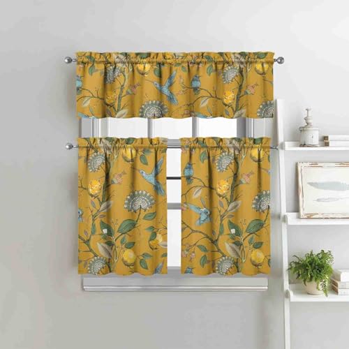 Image of Lemon Kitchen Curtains 3 Piece Set Tier Valance Window Decor | 3 Piece Kitchen Curtain Set Includes 54x18in Valance and Two 27.5x36in Tier Curtains for Kitchen, Bedroom and Living Room