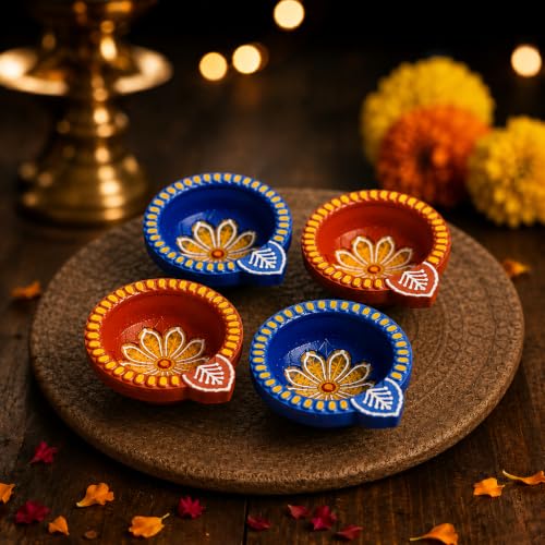 Image of Pure Source India Decorative Terracotta Handmade Design Diya Suitable for Diwali, Festive Occasion, Pooja /Mandir /Temple (3 X 3.5 X 1 INCH) (Multicolour) (4 PCS)