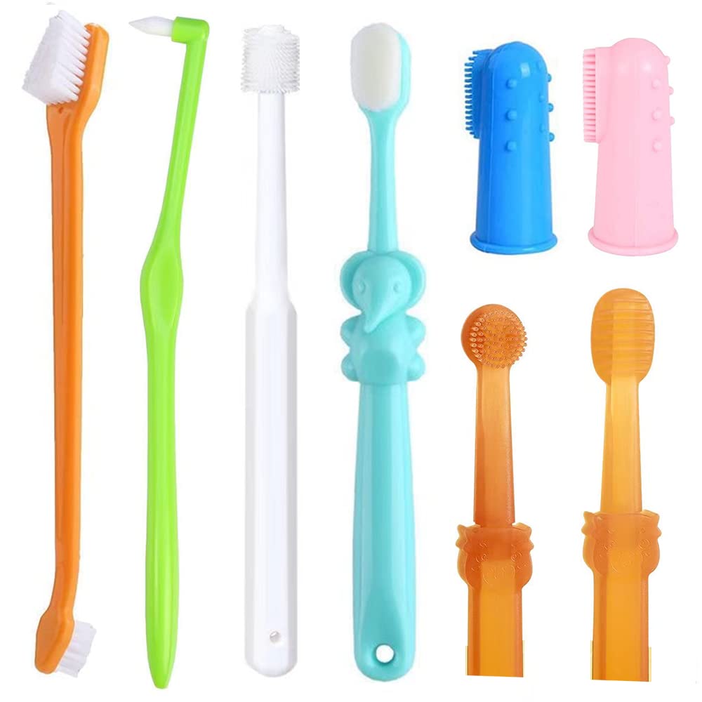 Qubccum 8 Pack Small Dog & Cat Toothbrush Kit, 360º Pet Toothbrush/Mini Head/Dual Head / 10000 Ultra-Soft Bristles Tooth Brush/Finger…