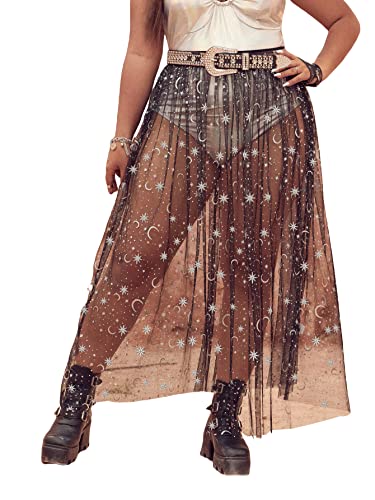 Floerns Women's Plus Size Glitter Star Print Sheer Mesh Flare Hem Maxi Skirt