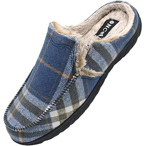 ONCAI Slippers for Men Slip on Tweed Orthotic House Slipper with Arch Support Soft Warm Cotton Blend Moccasin Indoor Outdoor Plaid Plantar Fasciitis House Shoes Blue UK 8.5 Cover