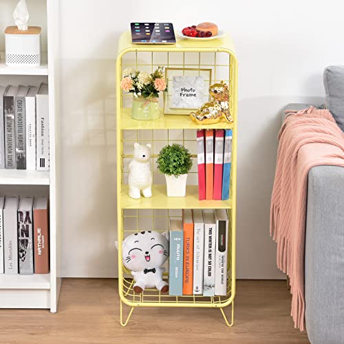 Image of SEVVY - Side Table - Modern Sofa End Table with Storage Shelf - Compactable Night Stand - Metal Adjustable 2 Middle Board - Detachable Shelf - No Screws - 3-Tier - Yellow