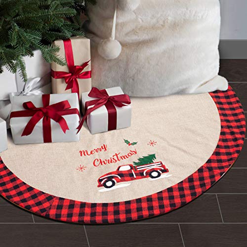 GMOEGEFT Christmas Tree Skirt Burlap with Buffalo Check Trim Rustic Truck and Tree Applique Xmas Home Decoration Ornaments (32 Inches)