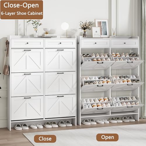 Image of Shoe Cabinet with 6 Flip Drawers & 2 Top Drawers, 57 inch Tall Freestanding Narrow Wooden Shoe Storage Organizer for Entryway, Hidden Slim Shoe Rack for Front Door Entrance, Hallway, Living Room, White
