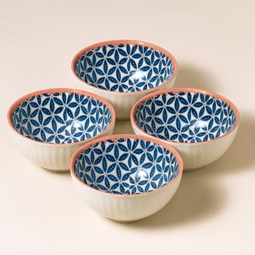 Image of YELONA Ceramic Bowls Set of 4 | 300ml Japanese Honeycomb Rice & Snack Bowls | Blue Blossoms Design | Microwave & Dishwasher Safe | 11.5 cm | Lead-Free Porcelain