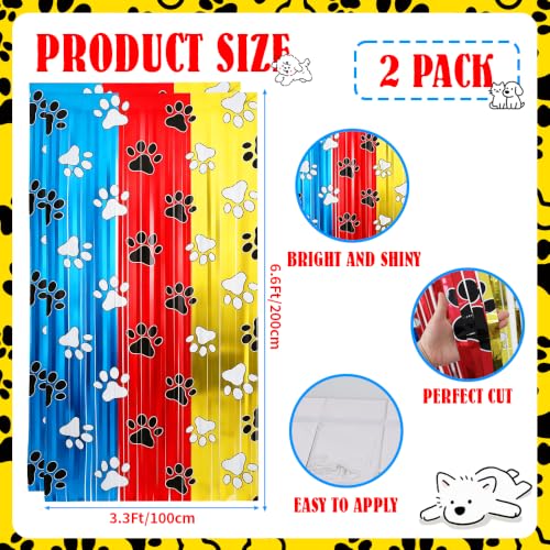 Image of TONIFUL 2Pc Blue Red Yellow Paw Pattern Metallic Tinsel Foil Fringe Curtain | 3.3ftx6.6ft Photo Booth Backdrop Door Tinsel Streamers, Props for Dog Birthday Baby Shower Puppy Party Decorations