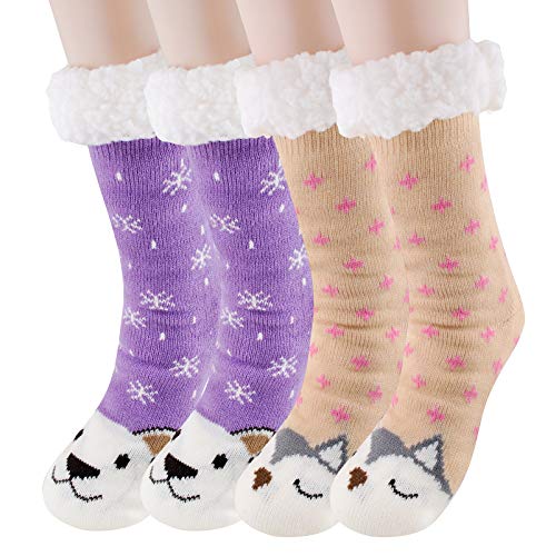 Bluelly Fuzzy Socks for Women, 2 Pairs Slipper Socks, Winter Thicken Warm Cozy Fleece-Lined Fluffy Indoor Socks with Grippers