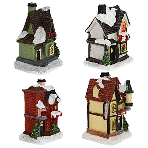 Balacoo 4Pcs Light Up Christmas Village House Glowing Snowy Collectible Buildings Miniature Xmas Tabletop Ornament Xmas Holiday Decor For Window Fireplace #TOP14