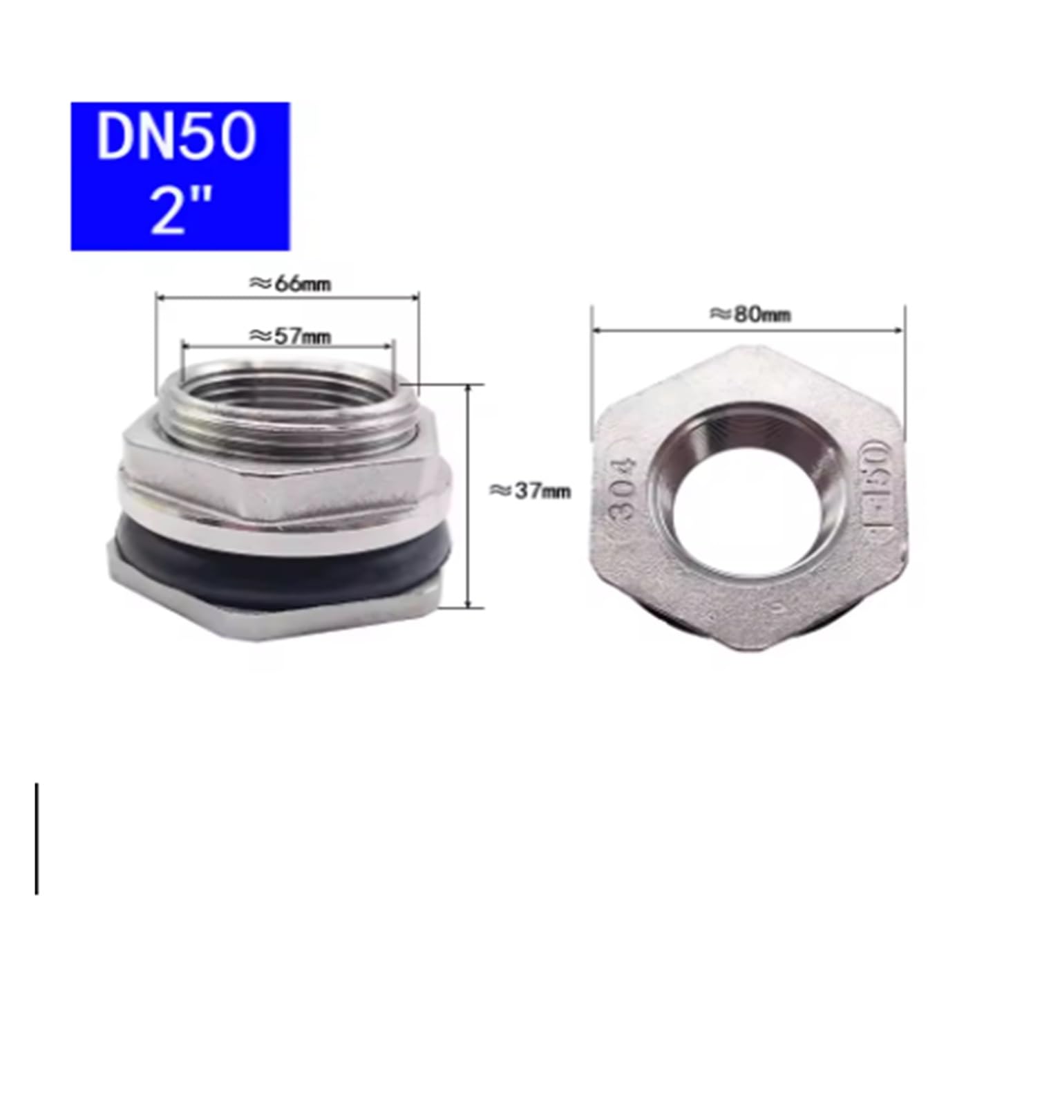 Conector de Tanque de Agua con Rosca Interna BSP de 2" DN50, mamparo Externo de Acero Inoxidable SUS304, 1 Unidad