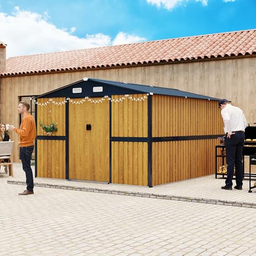 Image of KEIKI 10x12 FT Outdoor Metal Storage Shed with Lockable Doors, Windows, and Ventilation, Garden Shed for Backyard, Patio, or Tool Storage, Yellow