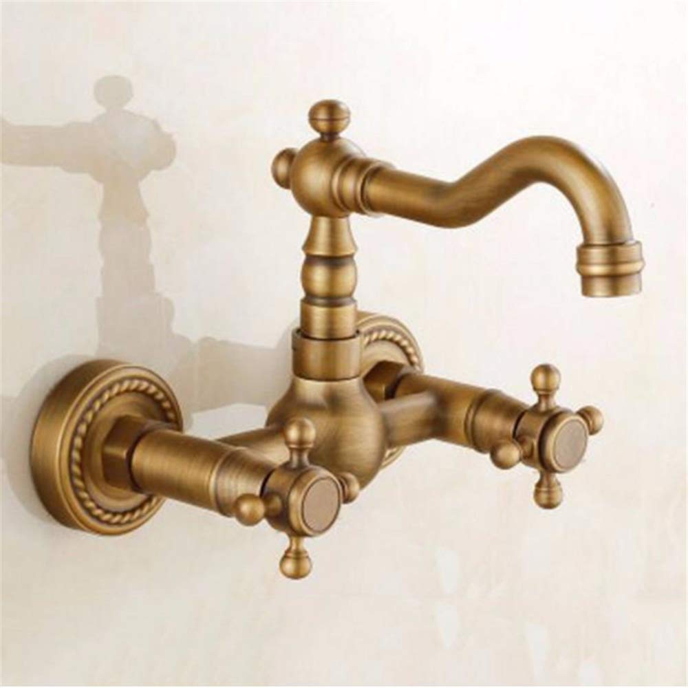 GLJTUO Bathroom Copper Antique Basin Faucet, Kitchen Faucet hot and Cold Wall Sink Rotating Double Handle Bathtub Faucet