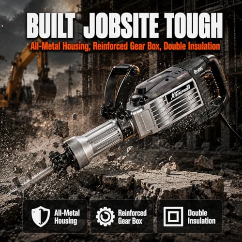 Image of XtremepowerUS 3600W Demolition Jack Hammer Concrete Breaker, 15 Amp Electric Jackhammer, 30mm Hex Shank, 50J Impact Energy, 1400 BPM, AVC System, 360 Side Handle, Flat & Point Chisels Included
