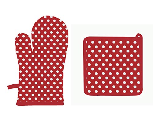 Image of Airwill Cotton Designer Pattern Heat Resistant Kitchen Linens (1 Oven Mitt & 1 Pot Holder) (Red,White)