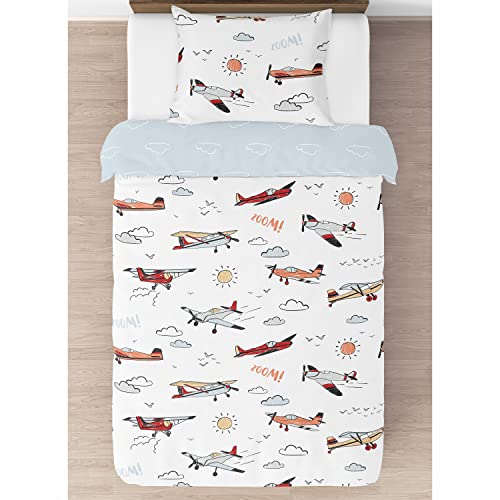 Image of Sweet Jojo Designs 2-Piece Twin Comforter Set (Red Vintage Airplane) for Boys, Children, Kids Bedding, Bed in a Bag incl. Blanket & Pillow Sham (Airplanes, Transportation, Clouds, Sun, Sky, Blue)