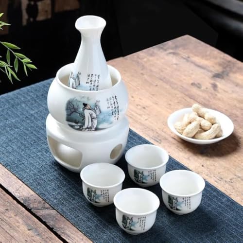 GEBYUI 伝統的禅スタイル グリーンデザイン酒器セット - 日本酒・焼酎両用|熱燗器付きで冷酒・温酒・熱燗対応|陶磁器製 徳利・酒カップ一式|家庭宴会・贈り物に最適