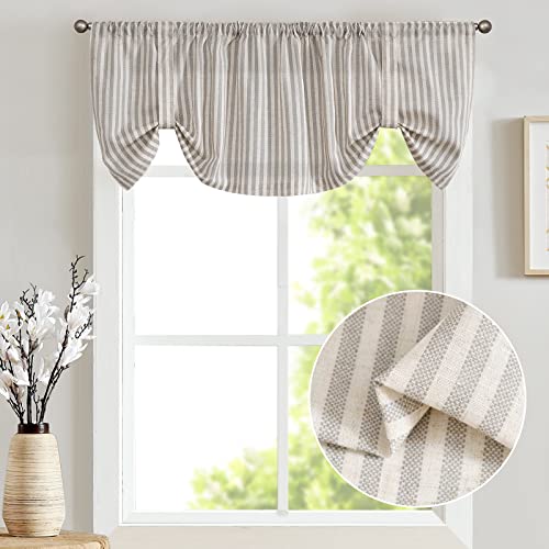 Jinchan Tie Up Curtain Striped Pattern Valance 18 Inch Bow Tie Curtains For Kitchen Bathroom Rod Pocket Pinstripe Valance Window Treatments Ticking Stripe Pull Cord Valance 1 Panel Grey On Beige #TOP1