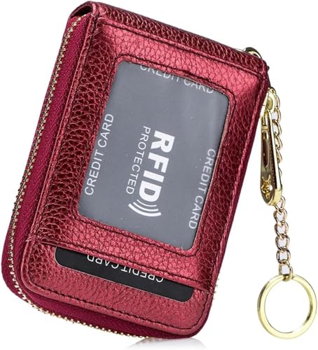 Wuufake Cartera Minimalista de Piel auténtica para Mujer con Llavero Desmontable, protección RFID antirrobo, Capacidad para 12 Tarjetas y Bolsillos múltiples, tamaño co, # 2 Borgoña