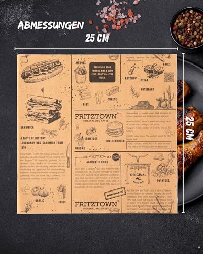FRITZTOWN Deli Paper 25×25 cm 200 Blatt | Unbeschichtetes Einschlagpapier & Burger Papier | Fettabweisendes Food Paper für Burger, Pommes, Sandwich, BBQ & Street Food