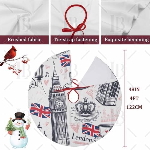 Christmas Tree Skirt 48in, Christmas Decorations Tree Skirt, Retro British Flag and Clock, Coffee, Phone Booth, Street Christmas Tree Skirt for New Year Holiday Parties, Christmas Tree Decorations