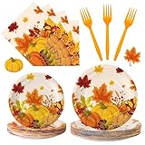 100 Pcs Thanksgiving Plates and Napkins Sets - Fall Pumpkin Maple Leaf Round Tableware, Disposable Thanksgiving Paper Plates and Napkins Forks for Thanks giving Party Supplies Table Decor, Serves 25