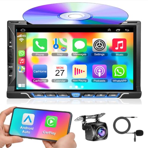 Image of 7 Inch Double Din Car Radio Stereo with CD /DVD Player Carplay&Android Auto | Support Bluetooth and Backup Camera, Touch Screen, Mirror Link, Steering Wheel Control, USB /TF /AUX Input, AM /FM Radio