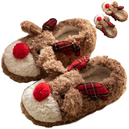 Animal Slippers Cute Elk Fuzzy Slippers Reindeer Slippers Women Men Christmas Slippers Winter Indoor Plush Warm Slippers Home Fluffy Slippers Bedroom Shoes Cozy Slippers Couple House Slippers