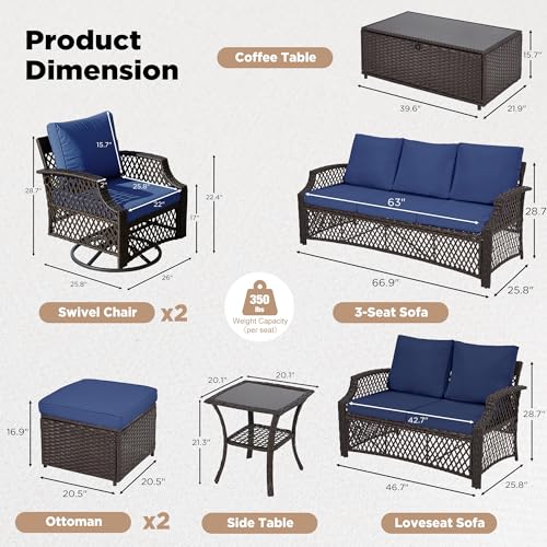Image of HOMREST 3 Piece Patio Rattan Ottomans Set,Outdoor PE Wicker Footstool w /Removable Cushion, Storage Coffee Table & Multipurpose Footrest Stool for Porch, Poolside, Garden, Deck(Navy Blue) | Outdoor PE Wicker