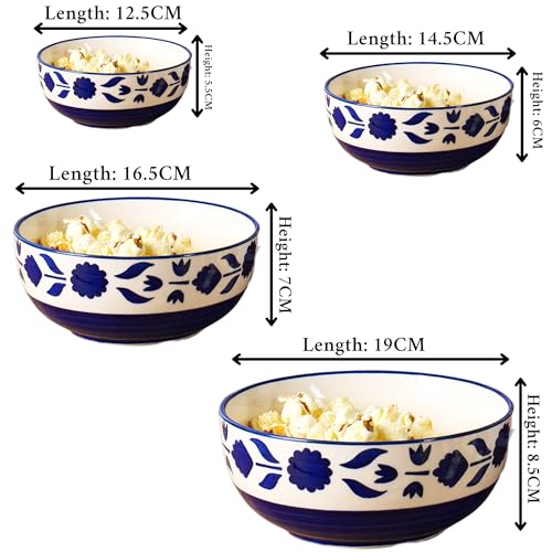 Image of Niyara Stoneware Handmade Ceramic Stylish Premium Serving Bowls /Salad Tray Microwave Dishwasher Safe Set of 4 (Blue Floral Print Bowl)