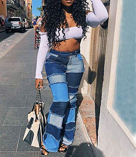 Women Patch Flare Jeans Bell Bottom Raw Hem Denim Ripped Trousers Slim Bootcut Jean Color Block Patchwork Pants Capris2