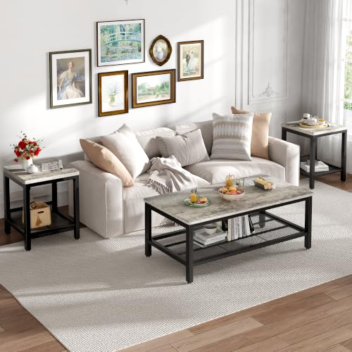 Image of 3-Piece Coffee Table and End Table Sets for Living Room, Industrial Coffee Table Set of 3 with Storage, Modern Farmhouse Rustic Living Room Table Set for Apartment Home Office