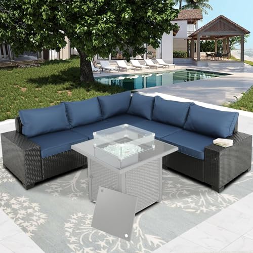 Furnimy Outdoor Patio Sets - Conversation Sectional Sofa Couch Wicker Rattan Balcony Furniture for Lawn, Garden, Porch and Poolside (Expresso-Navy, 5 pcs Without Table)