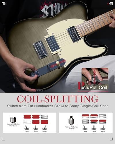 Image of AKLOT Modern TL Electric Guitar: Saddle String-Through Bridge, Locking Tuners, HH Pickup, Coil Split, Rounded End Frets, Roasted Maple Neck & Flame Maple Top, Beginner Guitars Kit with Gig Bag, Black