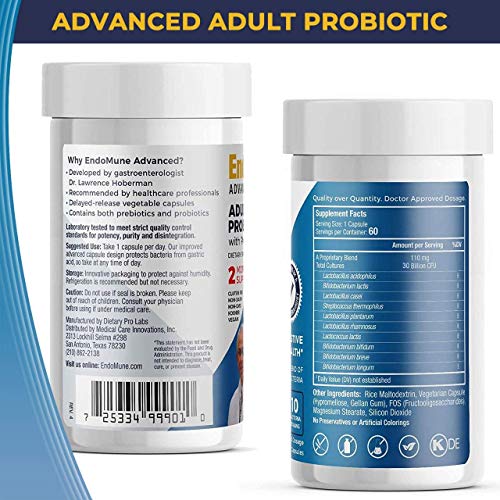Endomune Advanced Adult Multi-Strain Probiotic Supplement With Prebiotic | 10 Strains, 30 Billion Cfu | Physician Formulated (60-Count) #TOP1