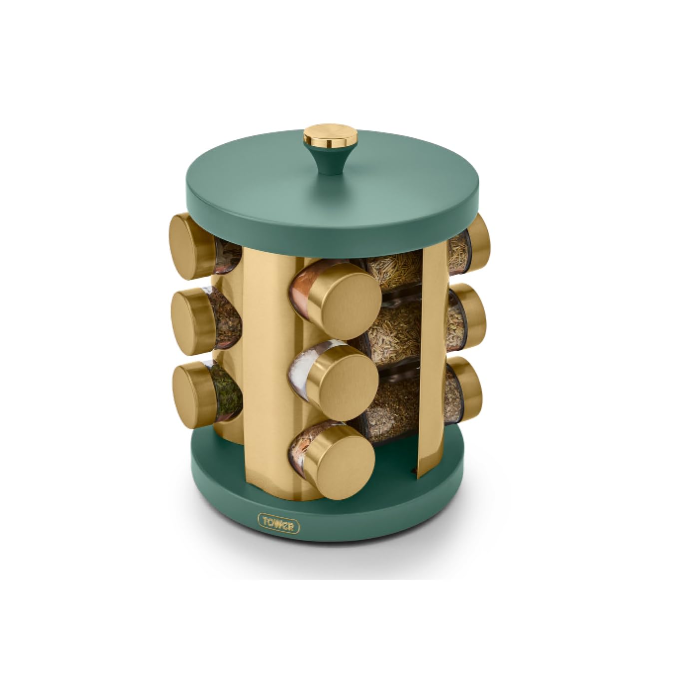 Tower Cavaletto 12 Jar Rotating Spice Rack with Pre-Filled Spices, Jade and Rose Gold, 19cm x 19cm x 25cm