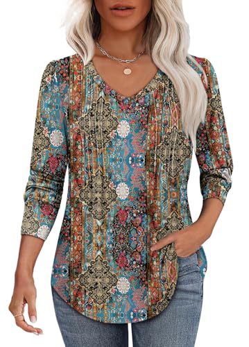 Alaroo Womens Long Sleeve Shirts Pleated V Neck Curved Hem Fall Winter Tunic Tops Blouses Print2