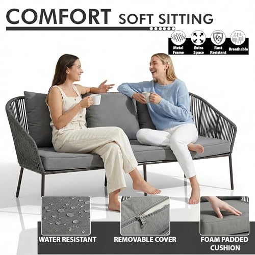 Image of OUTLIVING Outdoor Sofa Set | Balcony Sofa | Patio Furniture Sets | Conversation Sets | Braid & Rope Garden (5 Seater- Grey.)