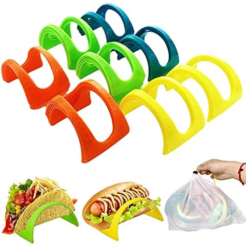 AOUXSEEM 32 Pack Taco Holder Stands with Storage Bag, Plastic Colorful Taco Tray Plate Racks Party Supplies for Tortillas Burritos Hot Dog, Stand on Table, Stackable Cover