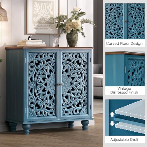 Image of Accent Cabinet with Doors, Decorative Storage Cabinet with Walnut Top and Adjustable Shelf, Carved Sideboard Buffet with Solid Wood Legs for Living Room, Entryway, Kitchen, Hallway, Blue