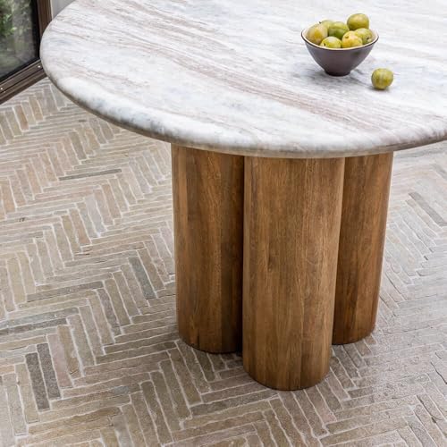 Image of Round Marble Top Dining Table for 4 Seater - Solid Mango Wood Base, Modern Contemporary Style, 47-Inch Compact Table for Dining Room, Kitchen or Cafe - Chairs Not Included