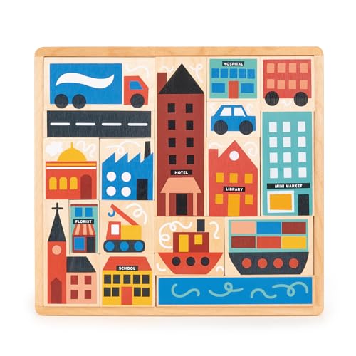 Mentari Toys - Town Puzzle - 18pc Engaging Wooden Puzzle for Toddlers and Preschoolers - Learning Toy with Vibrant Illustrations - Improve Hand-Eye Coordination and Visual Perception - Age 3+