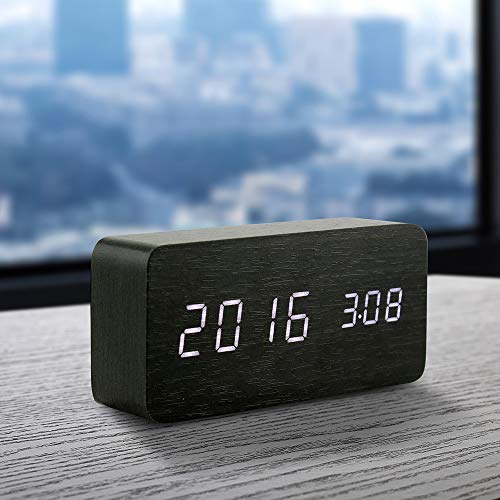 Oct17 Wooden Digital Alarm Clock, Wood Fashion Multi-Function Led Alarm Clock With Usb Power Supply, Voice Control, Timer, Thermometer - Black #TOP3