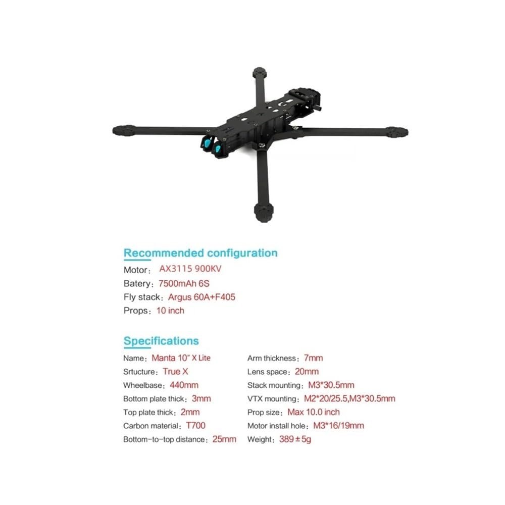 MT10" Lite 25.4 cm Freestyle Drone Ture X zestaw ramek 402 mm rozstaw osi T700 kompatybilny z węglem śmigło 10 cali pasuje do FPV (bez płyty bocznej)